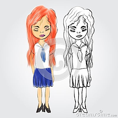 Girl student hand drawn vector illustration, Sketch Vector Illustration