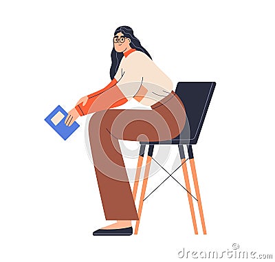 Girl student sitting on chair with academic book in hands. Smart woman reader in glasses with university literature Vector Illustration