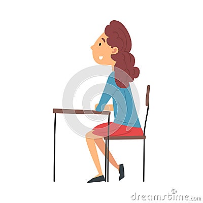 Girl Student Sitting at the Desk in Classroom and Attentively Listening, Side View Vector Illustration Vector Illustration