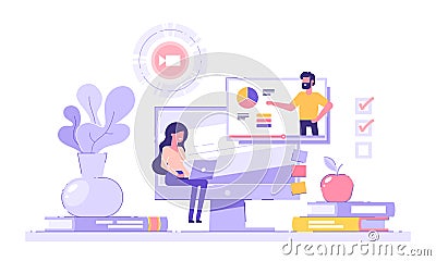 Girl student studying at home with her laptop with piles of books and pc on the background. E-learning, webinar, online video Vector Illustration