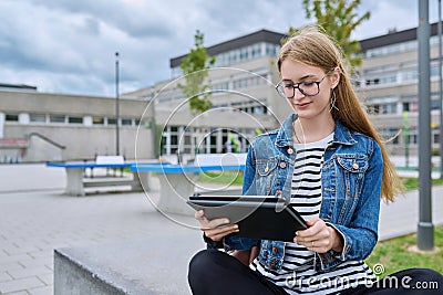 Girl student teenager outdoor near school building Stock Photo