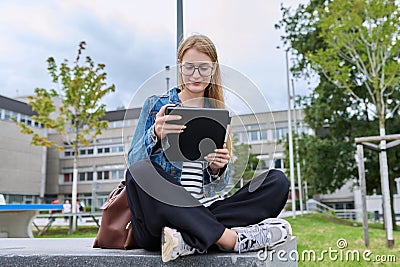 Girl student teenager outdoor near school building Stock Photo