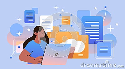 girl student using online storage on laptop screen file transfer connection docs information migration access to remote Vector Illustration