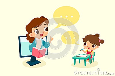 A girl study at home with online teacher Vector Illustration