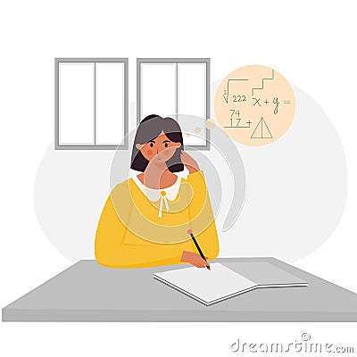 Girl study mathematics or math illustration. Teen girl do homework from school illustration character. Vector Illustration