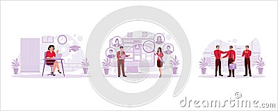 Girl studying in front of a laptop, looking for a job candidate, or having a business partnership meeting. Vector Illustration