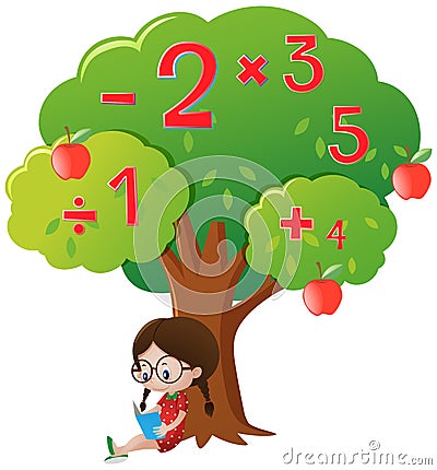 Girl studying math under the tree Vector Illustration