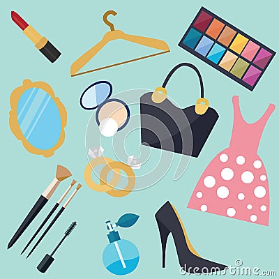 Girl stuff woman things fashion vector object icon set Vector Illustration