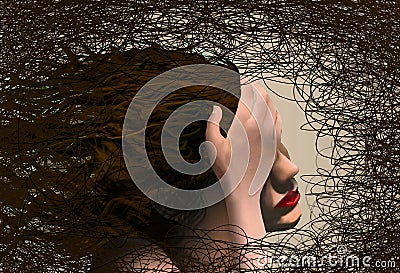 A girl suffers from melancholy and depression represented by a tangle of lines Cartoon Illustration