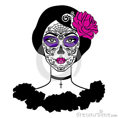 Girl with sugar skull makeup. Mexican Day of the dead. Vector Illustration