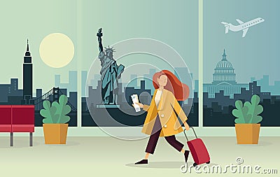 The girl with the suitcase at the airport. Against the background of an abstract panorama of the U.S. attractions. Vector Illustration