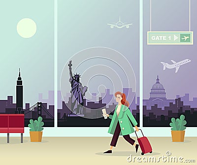 The girl with the suitcase at the airport. Against the background of an abstract panorama of the U.S. attractions. Vector Illustration