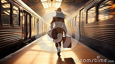 Girl with suitcase is late for train, travel background. Generative AI Stock Photo