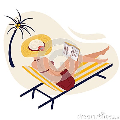 Girl in summer on the beach reads. A woman is lying in a striped chaise lounge in a fashionable striped hat. Remote Vector Illustration