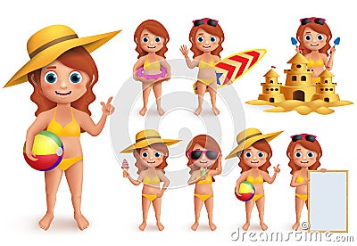 Girl summer kids vector character set. Young girl wearing bikini doing summer beach activities Vector Illustration