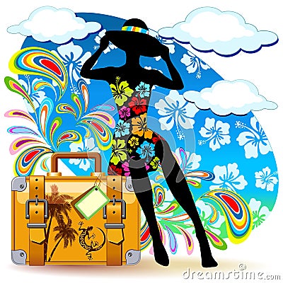 Girl Summer Traveler with suitcase Summer Vector Illustration Vector Illustration