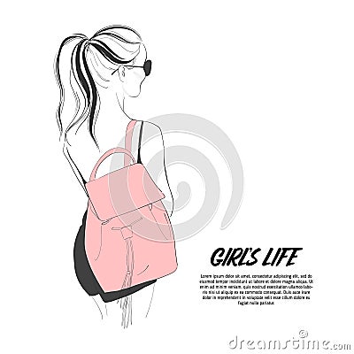 Girl in sunglasses with backpack line art illustration. Adventure art Vector Illustration