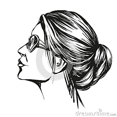 Girl in sunglasses , beautiful woman face hand drawn vector illustration sketch Vector Illustration