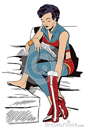 Girl in superhero costume undresses. Stock illustration. Cartoon Illustration