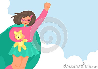 Girl superhero flying in the sky with place for you text. Vector Illustration