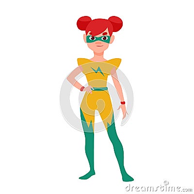Girl superhero or supergirl. Beautiful smiling redhead child wearing bodysuit and mask with super powers. Strong and Vector Illustration