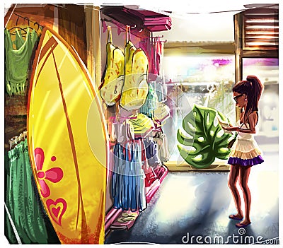 Girl in a surf shop Stock Photo