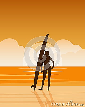 Girl surfer on the seashore with a surfboard against the backdrop of a seascape. Outdoor activities concept Vector Illustration