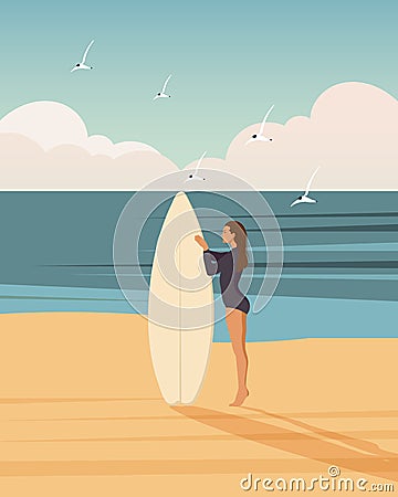 Girl surfer on the seashore with a surfboard against the backdrop of a seascape. Outdoor activities concept Vector Illustration