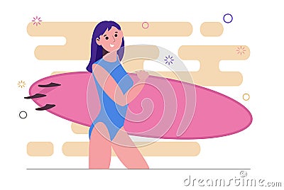 Girl surfer in a swimsuit. Woman with a surfboard Cartoon Illustration