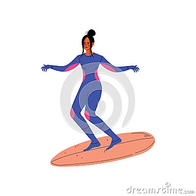 Girl Surfer in Wetsuit Riding Surfboard Catching Wave, Young Woman Enjoying Summer Vacation Vector Illustration Vector Illustration