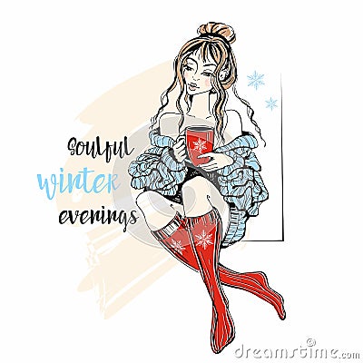 A girl in a sweater and knitted socks with a mug of hot tea. Soulful winter evenings. Inscription. Vector Stock Photo
