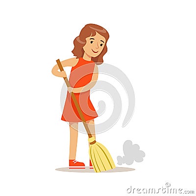 Girl Sweeping The Floor With The Broom Smiling Cartoon Kid Character Helping With Housekeeping And Doing House Cleanup Vector Illustration