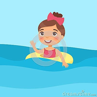 Girl swimming with inflatable ring flat illustration. Cartoon Illustration