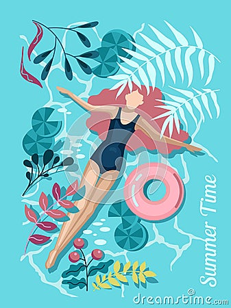 Girl is swimming in the ocean in the hot summertime Vector Illustration