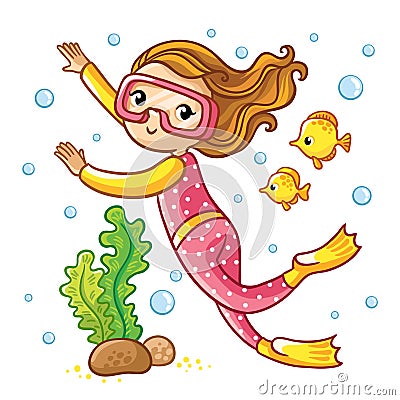 Girl swimming under water with fish. Cartoon Illustration