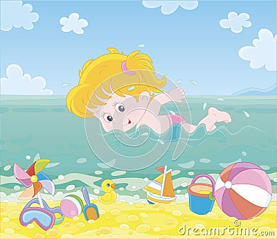 Girl swimming in water on a beach Vector Illustration