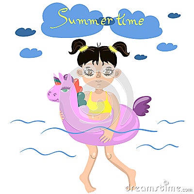 Girl swims with an inflatable unicorn vector image Stock Photo