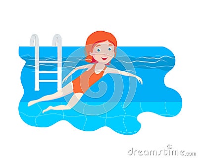 The girl swims in the pool. Swimming lessons for children. Sport and outdoor activities. Vector Illustration