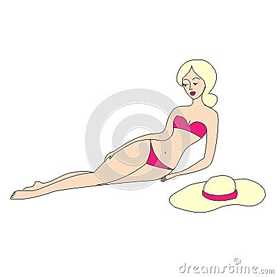 Girl in swimsuit and hat lying vector illustration Cartoon Illustration