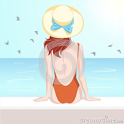 Girl in swimsuit looking at the sea Vector Illustration