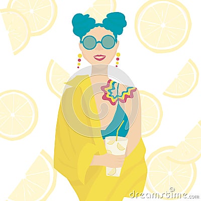 Girl in swimsuit and sunglasses with turquoise hair holds a glass of lemonade in her hands. Bright, multicolored summer Vector Illustration