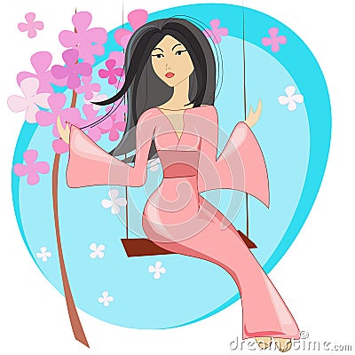 Girl on a swing, a flowering tree Vector Illustration