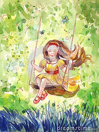 Girl swinging on a swing. Watercolor illustration Cartoon Illustration