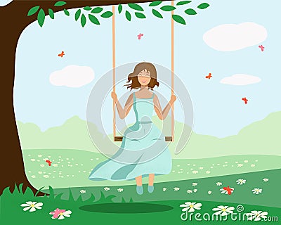 A girl swings on a swing near a tree Vector Illustration