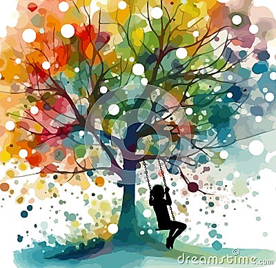 The girl swings on a swing on a rainbow tree. Dreams. Happy childhood. Joy and serenity. Vector illustration Cartoon Illustration