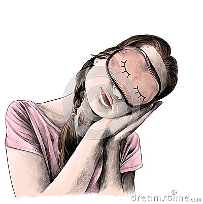 The girl in a t-shirt with braids on her head and a mask for sleeping Vector Illustration