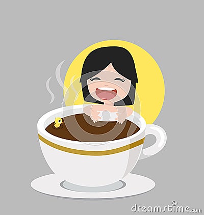 Girl Take A Bath In Cup Of Hot Coffee cup Vector Illustration