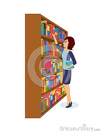 Girl is take books in library, choosing the necessary ones. Vector Illustration