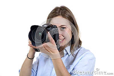 Girl take a photo with digital camera Stock Photo