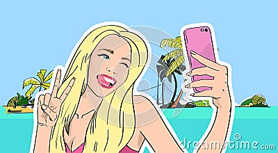 Girl Take Selfie Photo Beach Cell Smart Phone Tropical Island Summer Vacation Vector Illustration